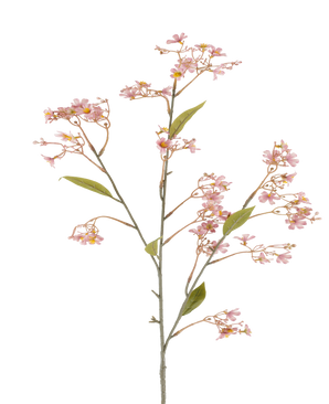 Ein einzelner Stiel der künstlichen Blume Daphne von 108 cm in Altrosa, mit kleinen Büscheln zartrosa Blüten und einigen grünen Blättern vor einem weißen Hintergrund.