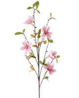 Een slanke Kunstbloem Magnolia-tak van 94 cm in oudroze, met verschillende roze magnoliabloemen en groene bladeren tegen een witte achtergrond.