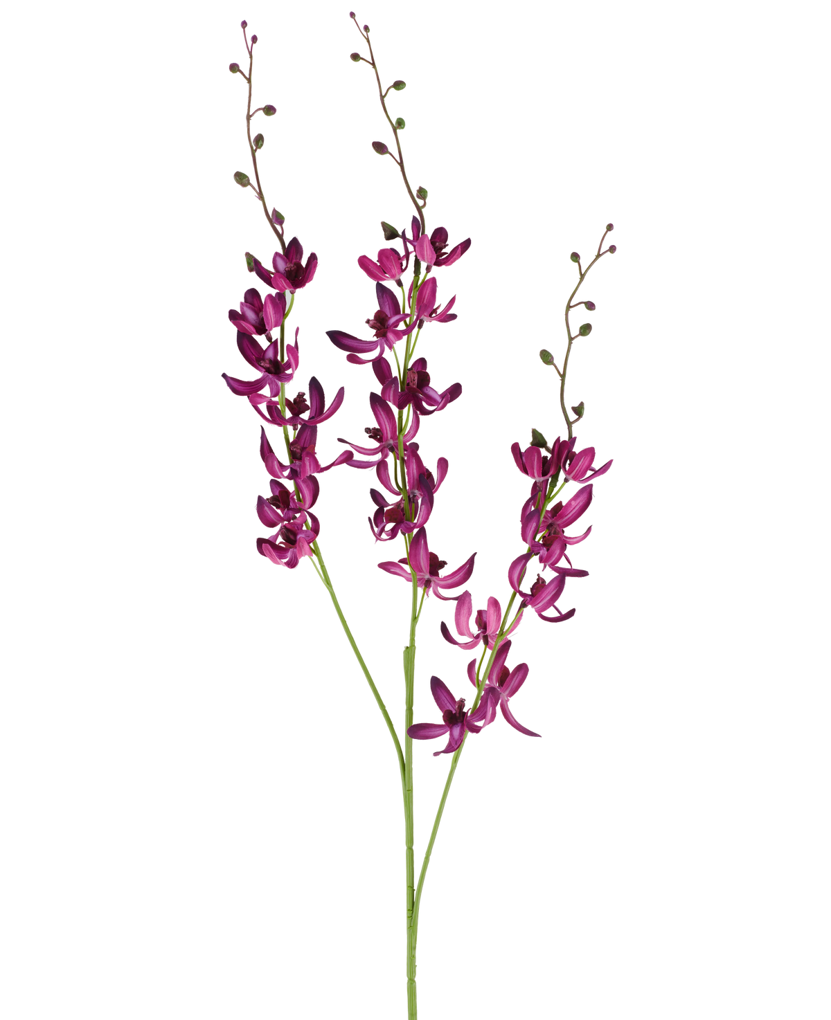 Drei lange Stiele der künstlichen Cymbidium-Blume von 95 cm in leuchtendem Lila, mit kleinen grünen Knospen, vor einem schlichten weißen Hintergrund.
