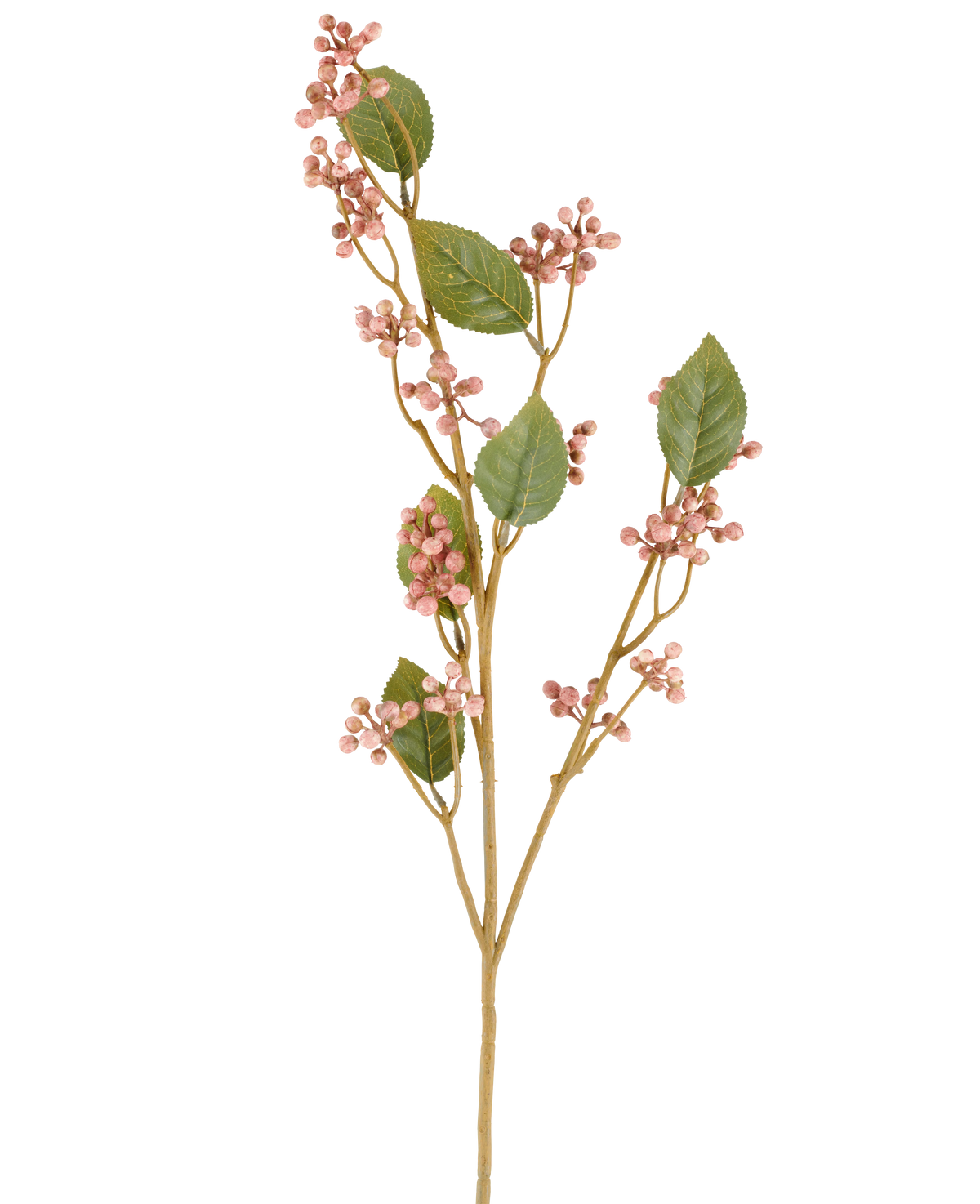 Ein einzelner Stiel der künstlichen Kratzbeerblume, 78 cm hoch in Altrosa, mit grünen Blättern und Büscheln kleiner, runder, rosa Beeren an schlanken braunen Stielen, dargestellt vor einem schlichten weißen Hintergrund.