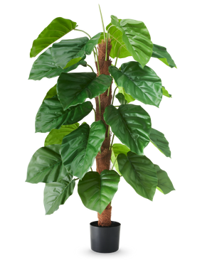 Een kunstplant Epipremnum aureum van 120 cm hoog, met grote, glanzend groene bladeren in een zwarte pot, afgebeeld tegen een effen witte achtergrond.