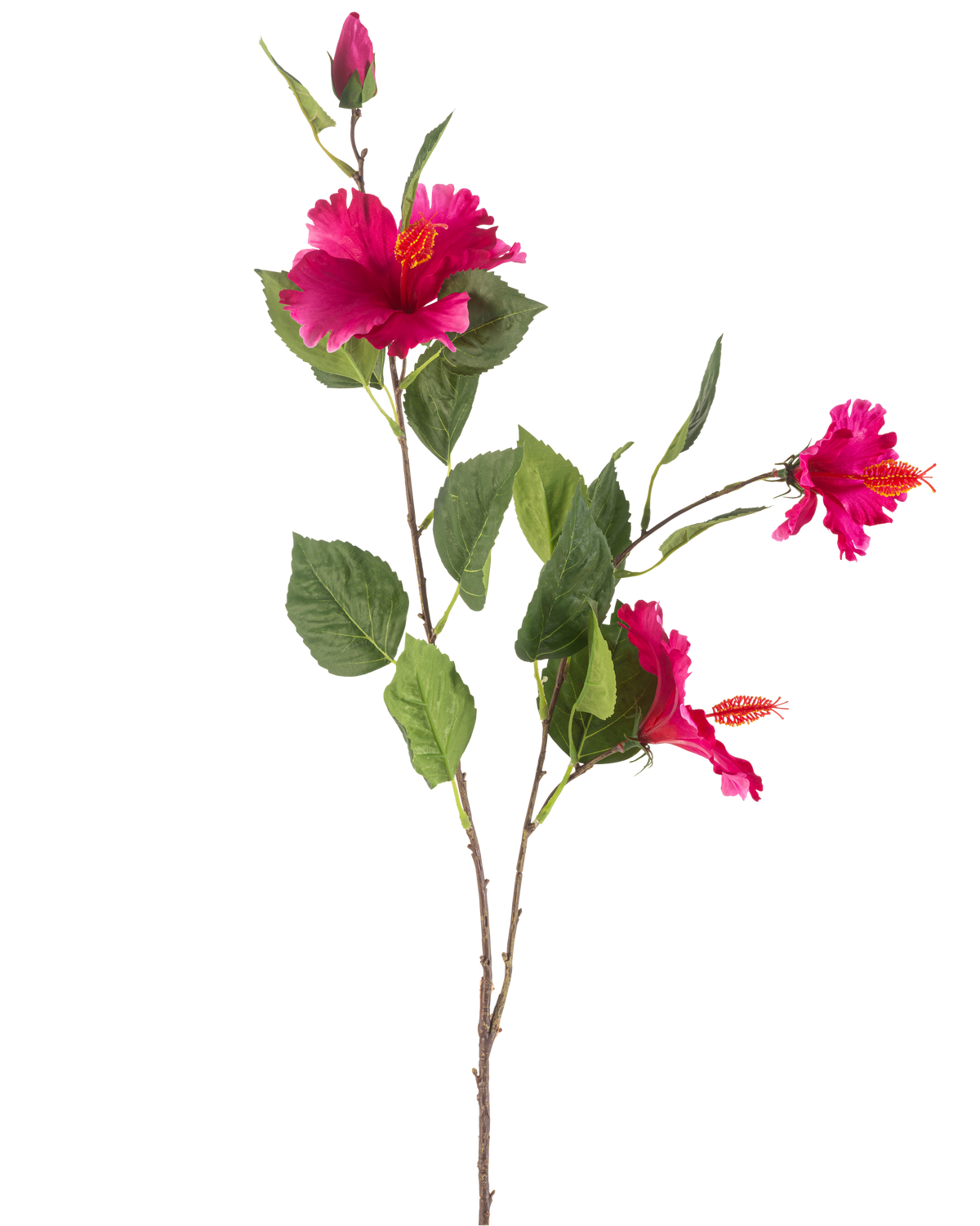 Die künstliche Blume Hibiskus 89 cm Fuchsia hat einen Zweig mit grünen Blättern, mehrere leuchtend fuchsiafarbene Hibiskusblüten und eine geschlossene Knospe, alles vor einem weißen Hintergrund.