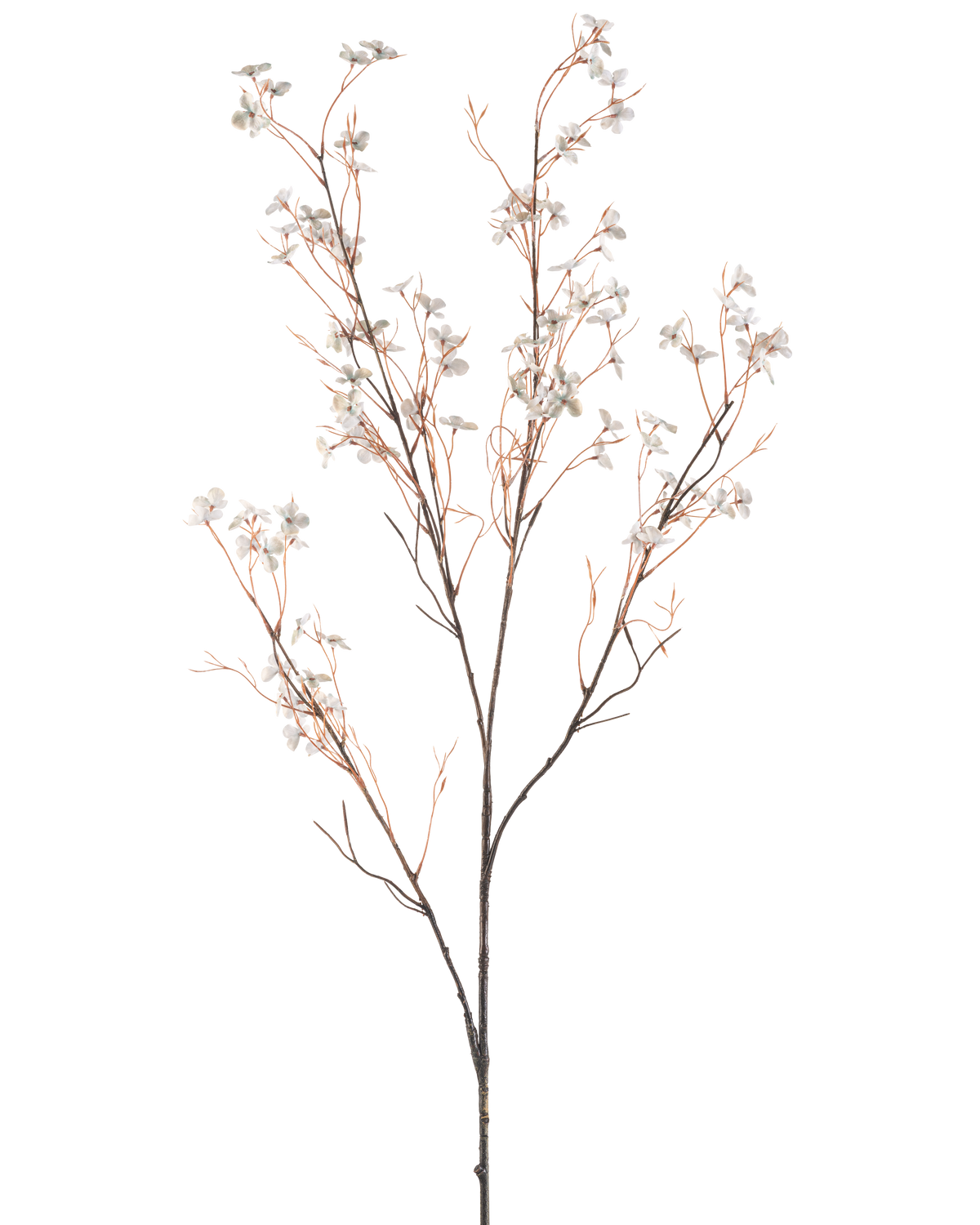 Eine künstliche Blumenblume 130 cm in Hellblau besteht aus zarten künstlichen Zweigen mit dünnen braunen Stielen und kleinen hellblauen Blüten vor einem schlichten weißen Hintergrund.