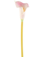 De Kunstbloem Calla 64 cm blush, een enkele roze en witte calla lelie met een gele steel, wordt getoond tegen een effen witte achtergrond.