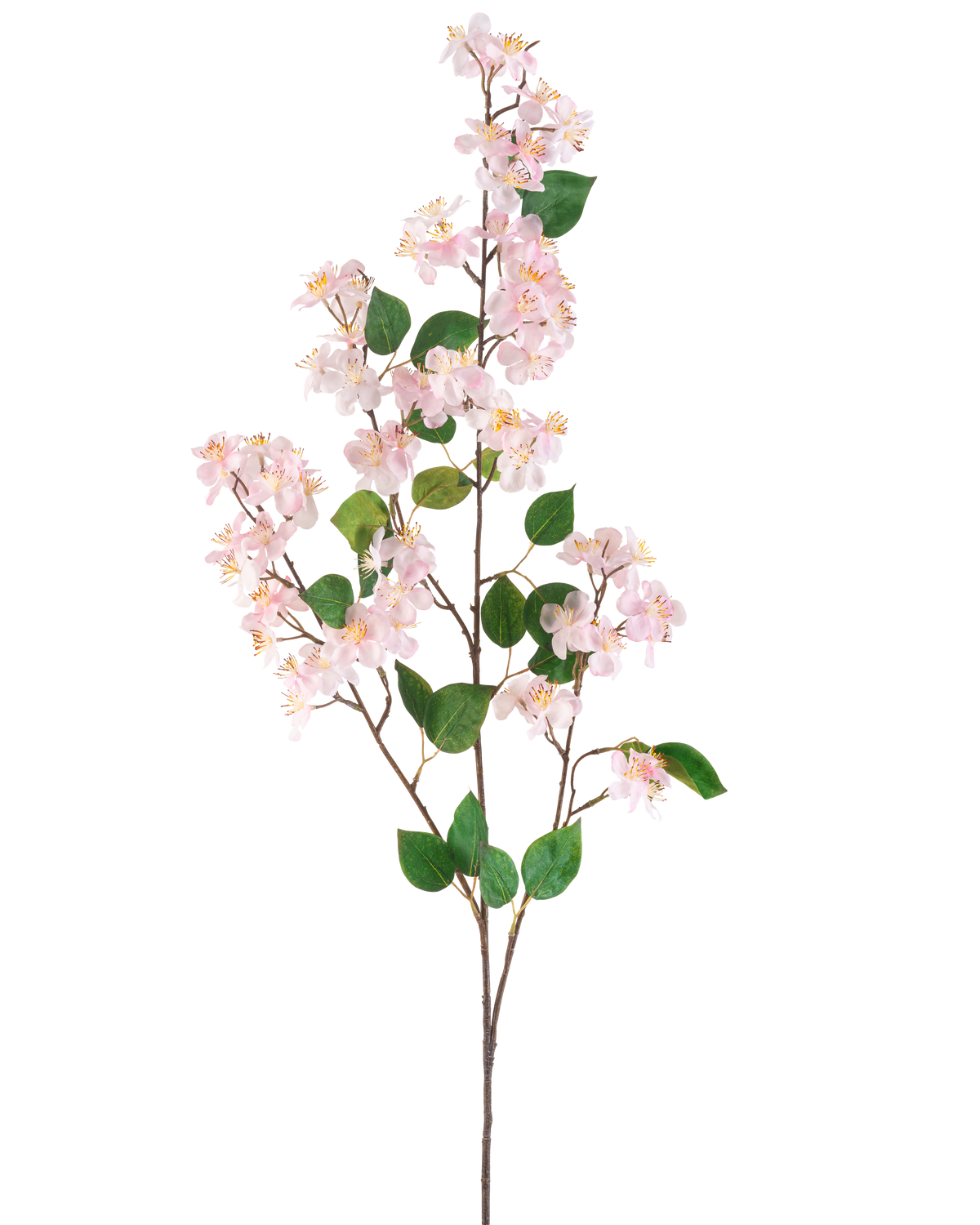 Die Kunstblume Pfirsichblüte 140 cm rosa ist ein künstlicher Zweig mit hellrosa Pfirsichblüten und grünen Blättern an schlanken braunen Stielen, isoliert dargestellt vor einem weißen Hintergrund.