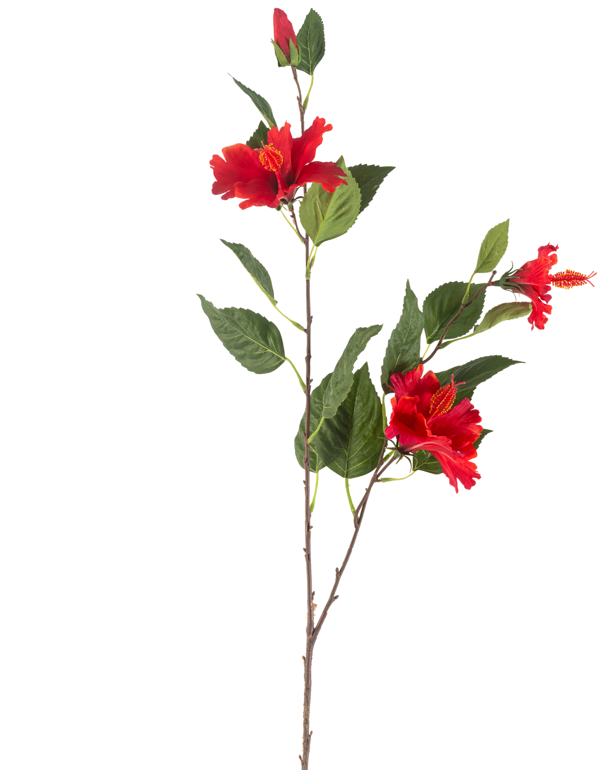 Die Kunstblume Hibiskus 89 cm rot hat einen einzelnen Stiel mit drei leuchtend roten Hibiskusblüten und üppig grünen Blättern vor einem weißen Hintergrund.