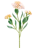 De Kunstbloem Kalanchoë 47 cm roze heeft een enkele groene stengel met drie trossen kleine, lichtroze en perzikkleurige bloemen en langwerpig gekarteld groen blad, geïsoleerd op een witte achtergrond.