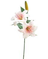 De Kunstbloem Lelie 66 cm wit/roze heeft een enkele steel met twee open witte en roze lelies, een gesloten gele knop en groene bladeren, tegen een effen witte achtergrond.