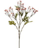De Kunstbloem Mini Daisy 61 cm mauve is een enkele steel met meerdere takken, versierd met kleine mauve bloemen en groene bladeren, geïsoleerd op een witte achtergrond.
