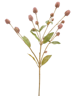 De Kunstbloem Globosa 69 cm mauve is een enkele kunststengel met meerdere takken, langwerpige groene bladeren en trosjes kleine mauve bloemknoppen, tegen een witte achtergrond.