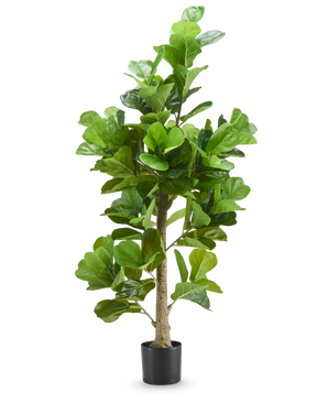 De Kunstplant Tabaksplant 180 cm heeft hoge, brede groene bladeren en wordt geleverd in een zwarte pot, tegen een effen witte achtergrond.