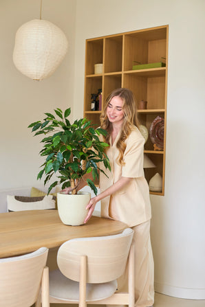 Een vrouw met lang blond haar, gekleed in lichte kleding, glimlacht terwijl ze een Kunstplant Ficus Groen 90 cm op een houten eettafel zet in een moderne, goed verlichte kamer die is ingericht met planken en neutrale tinten. De realistische kunstplant van 90 cm geeft de ruimte een verfrissend vleugje groen, waardoor deze levendig en uitnodigend aanvoelt – een ideale keuze voor een elegante kantoorplant.