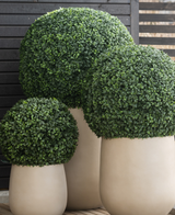 Drie grote Kunstplant Buxus romeinse stijl UV D65cm potten tonen netjes gesnoeide, bolvormige groene vormsnoei tegen een achtergrond van donkere houten latten op een houten vloer.