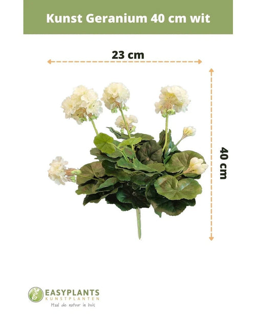 Künstliche Geranie 40 cm weiß: Kunstpflanze mit grünen Blättern, Höhe 40 cm und Breite 23 cm, wunderschön präsentiert vor weißem Hintergrund mit klaren Maßen.
