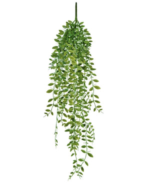 De Kunst hangplant Vetplant 76 cm is een levensechte kunst hangplant met trapsgewijze groene bladeren die lijken op een slingerende wingerd, perfect om groen toe te voegen aan elke ruimte.