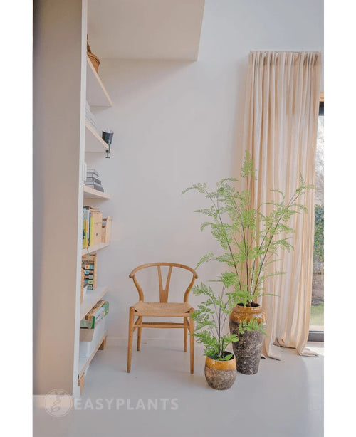 In einem hellen Raum sind neben einem bodentiefen Fenster mit beigen Vorhängen ein Holzstuhl, ein Bücherregal und drei grüne Topfpflanzen – darunter die auffällige Kunstfarnpflanze 120 cm – arrangiert. Der Raum strahlt Ruhe und Minimalismus aus und eignet sich perfekt für den Einsatz wunderschöner Zimmerpflanzen oder einer eleganten Kunstpflanze wie dem 120 cm großen Kunstfarn.
