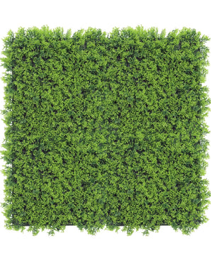 De Kunsthaag Cupressus 50x50 cm UV is een dicht, heldergroen kunstpaneel met kleine blaadjes, dat lijkt op een weelderige, goed getrimde haag of verticale tuin, perfect om groen toe te voegen aan elke ruimte.