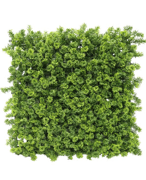 De Kunsthaag Moss 50x50 cm UV is een vierkant paneel van dicht, levendig groen kunstloof dat van bovenaf gezien lijkt op een weelderige haag of tuinmuur.