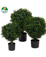 De Kunst Buxus op stam UV 40 cm heeft drie kunst vormbomen met dicht groen gebladerte in zwarte potten, die bij elkaar staan. Een klein UV-symbool met een zonnepictogram in de linkerbovenhoek geeft aan dat ze UV-bestendig zijn.