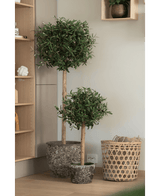 Twee Kunst olijfbomen UV 150 cm in pot met rond groen gebladerte staan naast een gevlochten mand en houten plank in een licht, modern interieur.