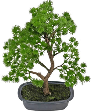 De Kunstplant Bonsai Juniper 30 cm heeft heldergroene naaldachtige bladeren en een bruine stam, in donkere aarde in een ondiepe, rechthoekige grijze pot.