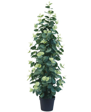 Kunstplant Eucalyptus 76 cm staat hoog met ronde groene bladeren in een eenvoudige zwarte pot, tegen een witte achtergrond.