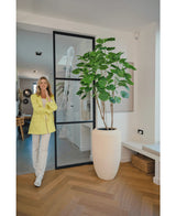 Een vrouw in een gele blazer en witte broek glimlacht naast de Kunstplant Ficus 180 cm in een moderne, lichte kamer met houten vloer en minimalistisch decor.