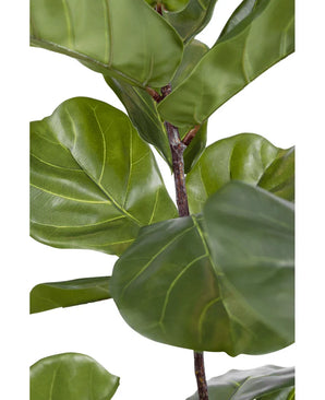 Close-up van groot, glanzend groen blad met zichtbare nerven en een roodbruine stengel van de Kunstplant Ficus Tabaksplant Deluxe 180 cm, tegen een witte achtergrond.