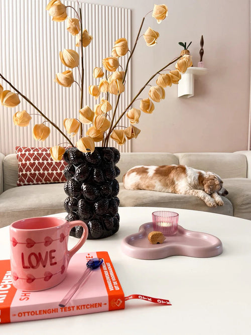 Ein gemütliches Wohnzimmer mit einem beigen Sofa, einer schlafenden Katze, einer skulpturalen schwarzen Vase mit der Kunstblume Physalis Lampion 90 cm braun, einer rosa Tasse „LOVE“, einem Buch, einer Kerze und einem Keks auf dem Couchtisch.