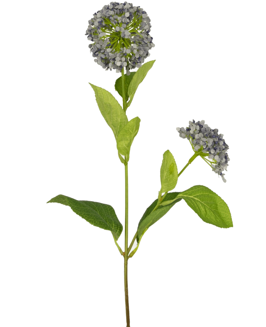 Ein einzelner künstlicher Blumenschneeball/Viburnum 70 cm lila mit grünem Stiel, breiten Blättern und zwei Büscheln kleiner lila Blüten, isoliert auf weißem Hintergrund.