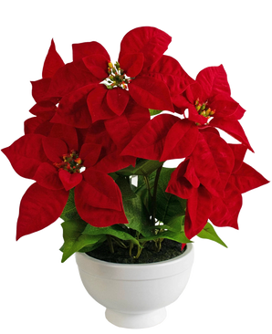 De Kunstplant Kerstster 44 cm rood is een witte pot met een kerststerplant met levendige rode, stervormige bladeren en groen blad tegen een effen witte achtergrond.