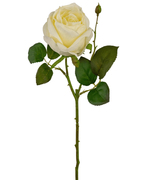 Die künstliche Rose Deluxe 45 cm weiß ist eine einzelne weiße künstliche Rose mit grünen Blättern und einer kleinen Knospe an einem langen Stiel, vor einem schlichten weißen Hintergrund.