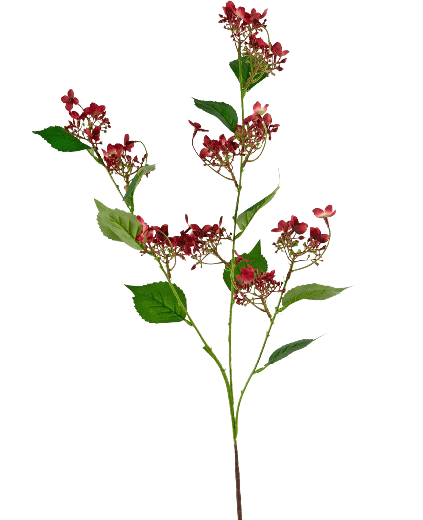 Die künstliche Blumen-Wildhortensie 86 cm rot hat einen hohen Stiel mit Büscheln kleiner, dunkelroter Blüten und mehreren grünen Blättern, die vor einem weißen Hintergrund dargestellt sind.