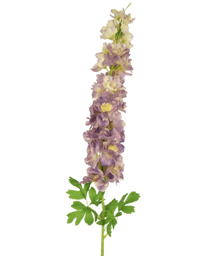 De Kunstbloem Delphinium 105 cm lila heeft een enkele hoge steel met meerdere kleine paarse en witte bloesems en groene bladeren, prachtig geïsoleerd op een witte achtergrond.