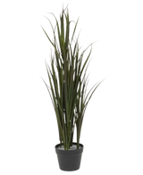 De Kunstgras Bordeaux UV 90cm is een hoog, groen siergras met lange, slanke bladeren in een zwarte plastic pot, tegen een effen witte achtergrond.