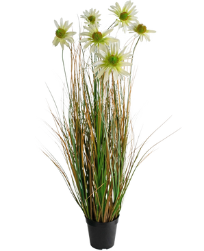 Der feuerhemmende Kunstgras-Chrysanthemen-Zwiebeltopf 90 cm ist eine Kunstpflanze in einem Topf mit langen grünen und braunen grasähnlichen Blättern, gekrönt von weißen Gänseblümchenblüten mit einem gelben Herzen.