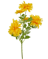 Een enkele oranje Kunstbloem Dahlia 60 cm steel met groene bladeren tegen een witte achtergrond.