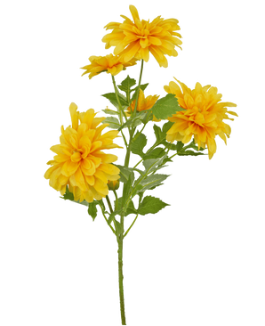 Een enkele oranje Kunstbloem Dahlia 60 cm steel met groene bladeren tegen een witte achtergrond.