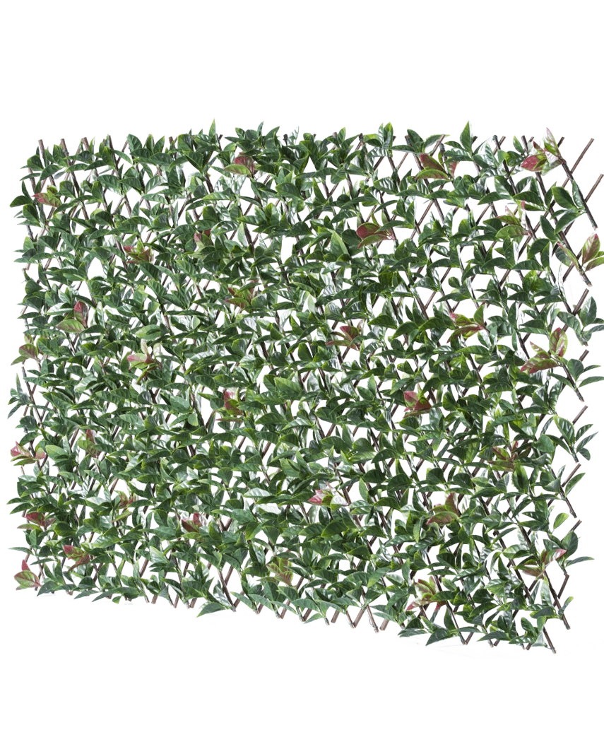 Die künstliche Hecke Photonia Extendable 200x100 cm ist ein rechteckiger ausziehbarer Zaun mit künstlichen grünen Blättern und rosa Blüten, dargestellt vor einem weißen Hintergrund.
