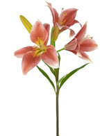 Op een steel van de Kunstbloem Aziatische Lelie 66 cm oud roze staan verschillende bloeiende roze lelies met groene bladeren tegen een effen witte achtergrond.