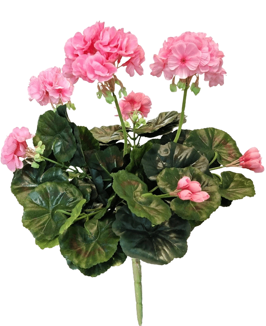 Die künstliche Geranie 40 cm rosa hat rosa Blüten und runde grüne Blätter an langen Stielen, die die Schönheit einer künstlichen rosa Pflanze oder einer künstlichen Geranie vor einem weißen Hintergrund zeigen.