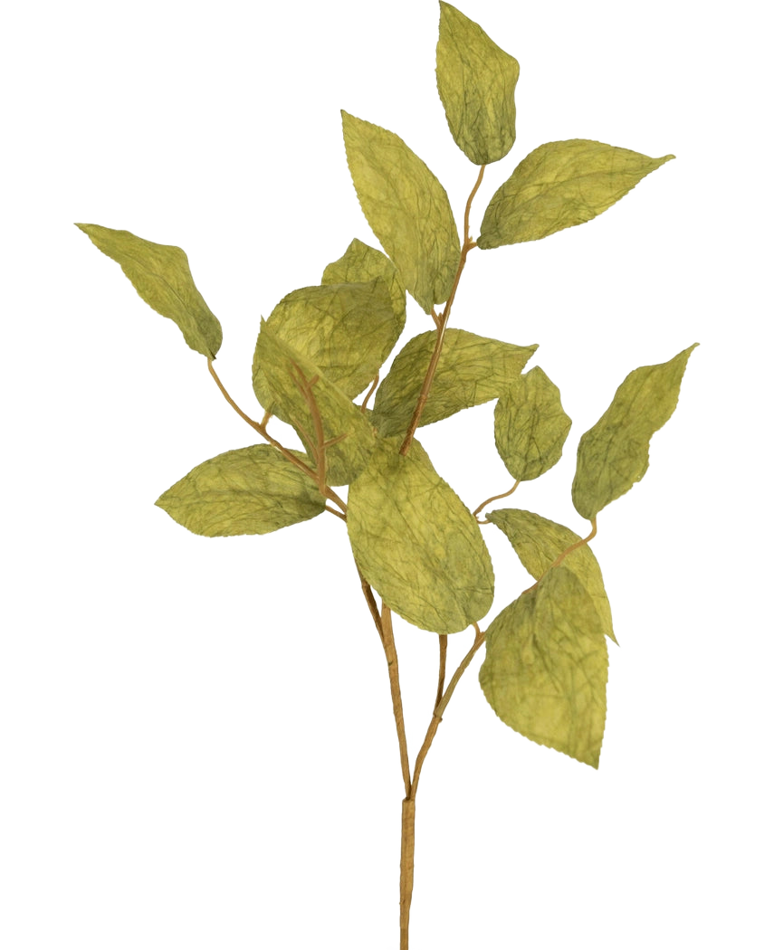 Das künstliche Ast-Apfelblatt 70 cm hat mehrere grüne, geäderte Seidenblätter an dünnen Stielen vor einem schlichten, hellen Hintergrund.