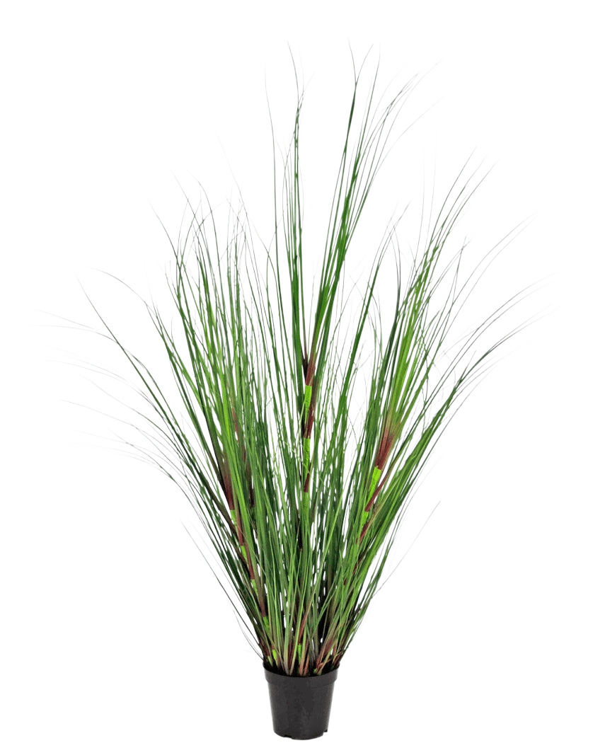 Die feuerhemmende Kunstrasenpflanze Zwiebel 120 cm hat lange, dünne grüne Halme mit rotbraunen Akzenten, präsentiert in einem Topf vor einem schlichten weißen Hintergrund.