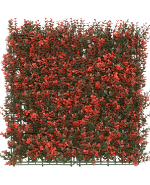 De Kunsthaag Buxus rood 50x50 cm UV is een vierkant kunstgroen paneel met dichte kleine groene bladeren en rode bloemtrossen, ideaal voor decoratie of privacy.