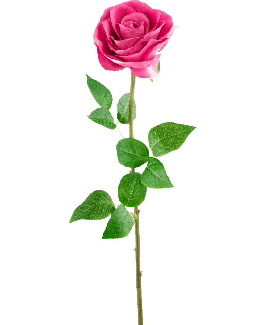 Die künstliche Rose „Real Touch“ (56 cm) besteht aus einer einzelnen rosafarbenen Kunstrose mit naturgetreuen grünen Blättern an einem langen Stiel vor einem schlichten weißen Hintergrund.