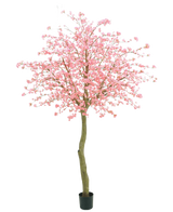 De Kunstboom Kersenbloesem roze 330 cm heeft een gebogen bruine stam en overvloedige roze bloemen tegen een effen witte achtergrond.