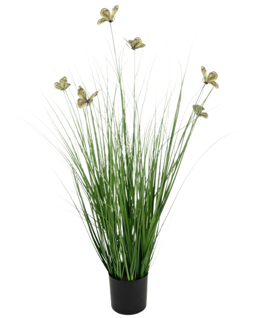 Der feuerhemmende Kunstrasen-Schmetterlings-Zwiebelgras-Topf (90 cm) hat lange, dünne grüne Kunstrasenblätter und gelbliche Blüten an langen Stielen, die in einem Topf vor einem schlichten weißen Hintergrund präsentiert werden.