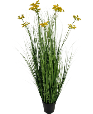De Kunstgras Wortel Bloem Ui Graspot 120cm is een brandvertragende kunstplant in pot met lange groene grasachtige bladeren en trosjes kleine gele bloemen, geïsoleerd afgebeeld op een witte achtergrond.