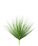 Die 70 cm große, feuerhemmende Kunstrasenpflanze Zwiebel hat lange, dünne, grüne, grasähnliche Blätter, die aus einem einzigen Stiel wachsen, vor einem schlichten weißen Hintergrund.