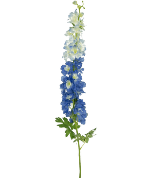 De Kunstbloem Delphinium 105 cm blauw heeft een hoge kunststengel met groene bladeren en trosjes kleine blauwe en witte bloemen, verticaal gerangschikt, tegen een witte achtergrond.